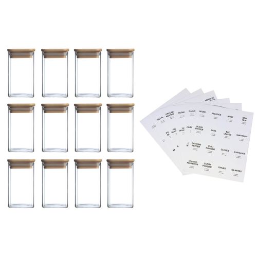 12 Pcs Square Spice Jars With 72 Stickers, Kitchen Pepper Jars For Salt Seasoning, Snacks, Tea, Coffee
